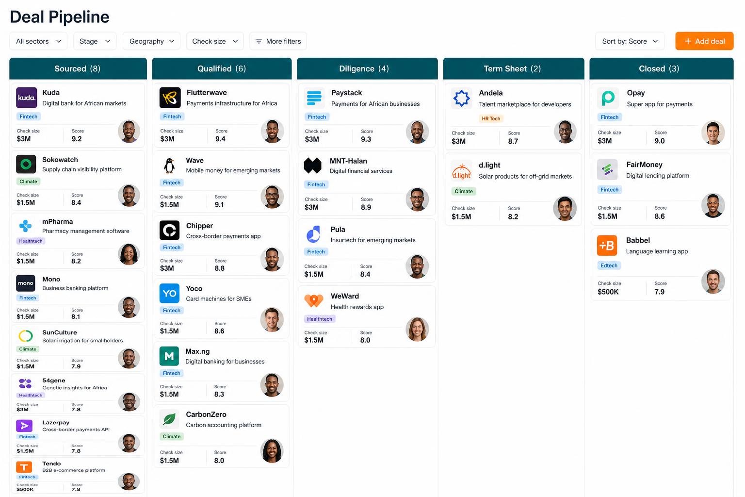 Investor deal pipeline kanban from sourced to closed