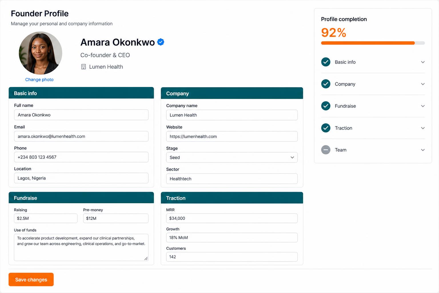 Founder profile settings with completion score